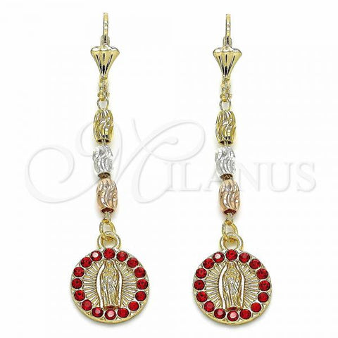 Oro Laminado Long Earring, Gold Filled Style Guadalupe Design, with Garnet Crystal, Diamond Cutting Finish, Tricolor, 02.351.0028