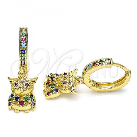 Oro Laminado Huggie Hoop, Gold Filled Style Owl Design, with Multicolor Micro Pave, Polished, Golden Finish, 02.316.0076.15