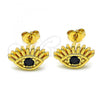 Oro Laminado Stud Earring, Gold Filled Style Evil Eye Design, with Black Cubic Zirconia, Polished, Golden Finish, 02.341.0028.1