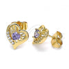 Oro Laminado Stud Earring, Gold Filled Style Heart Design, with Amethyst and White Cubic Zirconia, Polished, Golden Finish, 02.387.0013.1
