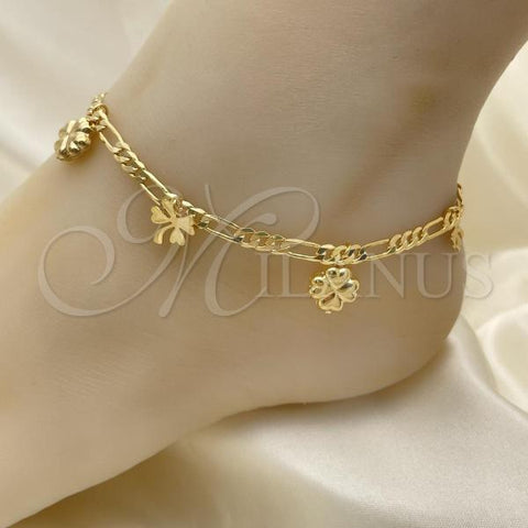 Oro Laminado Charm Anklet , Gold Filled Style Four-leaf Clover Design, Polished, Golden Finish, 03.32.0605.10
