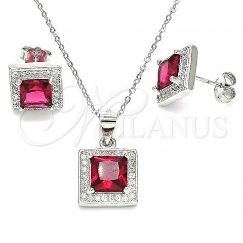 Sterling Silver Earring and Pendant Adult Set, with Ruby Cubic Zirconia and White Micro Pave, Polished, Rhodium Finish, 10.175.0069.2
