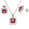 Sterling Silver Earring and Pendant Adult Set, with Ruby Cubic Zirconia and White Micro Pave, Polished, Rhodium Finish, 10.175.0069.2