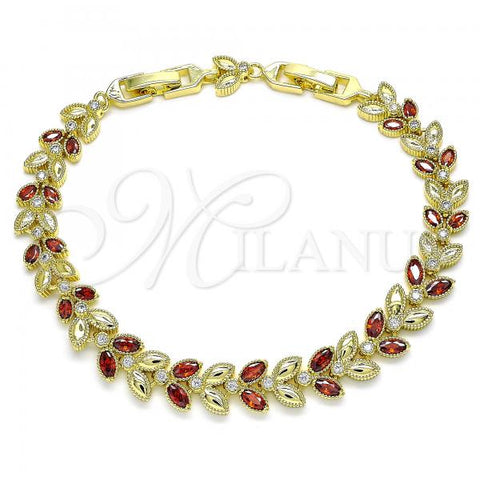 Oro Laminado Tennis Bracelet, Gold Filled Style Leaf Design, with Garnet and White Cubic Zirconia, Polished, Golden Finish, 03.283.0030.1.08