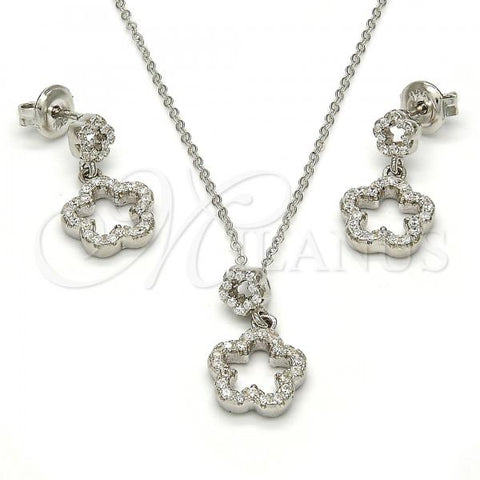Sterling Silver Earring and Pendant Adult Set, Flower Design, with White Cubic Zirconia, Polished, Rhodium Finish, 10.275.0018