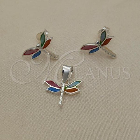 Sterling Silver Earring and Pendant Adult Set, Dragon-Fly Design, with Multicolor Mother of Pearl, Polished, Silver Finish, 10.399.0007