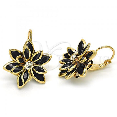 Oro Laminado Leverback Earring, Gold Filled Style Flower Design, with Black and White Crystal, Polished, Golden Finish, 02.64.0638.4