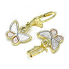 Oro Laminado Dangle Earring, Gold Filled Style Butterfly Design, Polished, Tricolor, 02.351.0090