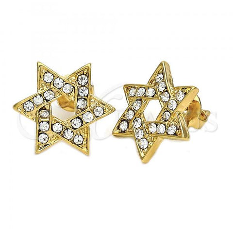 Oro Laminado Stud Earring, Gold Filled Style Star and Star of David Design, with White Crystal, Polished, Golden Finish, 5.127.005 *PROMO*