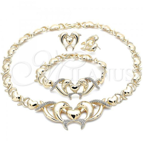 Oro Laminado Necklace, Bracelet and Earring, Gold Filled Style Hugs and Kisses and Dolphin Design, with White Crystal, Polished, Golden Finish, 06.372.0024