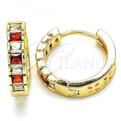 Oro Laminado Small Hoop, Gold Filled Style with Garnet and White Cubic Zirconia, Polished, Golden Finish, 02.210.0057.3.15