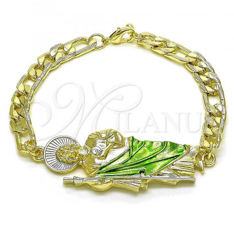 Oro Laminado Fancy Bracelet, Gold Filled Style San Judas and Pave Figaro Design, Polished, Tricolor, 03.351.0163.1.08