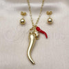Oro Laminado Necklace and Earring, Gold Filled Style Chili and Paperclip Design, Red Enamel Finish, Golden Finish, 06.417.0022