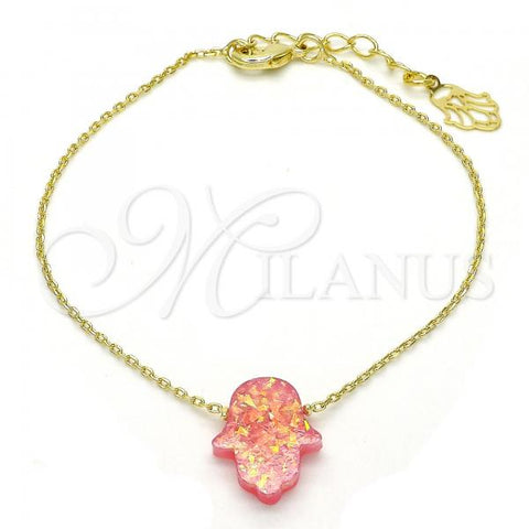 Oro Laminado Fancy Bracelet, Gold Filled Style Hand of God Design, with Pink Opal, Polished, Golden Finish, 03.99.0001.2.07