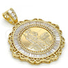 Oro Laminado Religious Pendant, Gold Filled Style San Judas and Centenario Coin Design, with White Cubic Zirconia, Polished, Golden Finish, 05.185.0014.1
