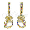 Oro Laminado Huggie Hoop, Gold Filled Style Owl Design, with Multicolor Micro Pave, Polished, Golden Finish, 02.377.0002.15