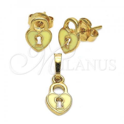 Oro Laminado Earring and Pendant Children Set, Gold Filled Style Heart Design, Enamel Finish, Golden Finish, 10.64.0003