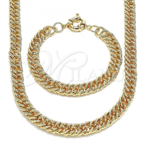 Oro Laminado Necklace and Bracelet, Gold Filled Style Chunky Design, Diamond Cutting Finish, Golden Finish, 06.319.0002