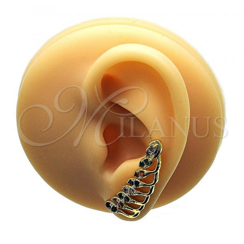 Oro Laminado Earcuff Earring, Gold Filled Style Leaf Design, with Multicolor Cubic Zirconia, Polished, Golden Finish, 02.210.0738.1