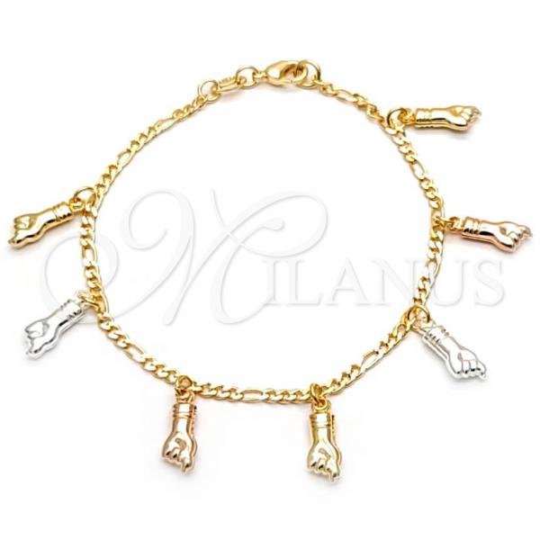 Oro Laminado Charm Bracelet, Gold Filled Style Hand and Figaro Concave Design, with   and  Swarovski Crystals, Polished, Tricolor, 03.32.0269.07