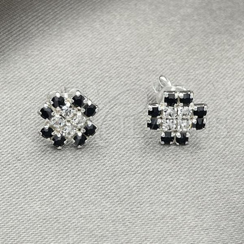 Sterling Silver Stud Earring, Flower Design, with Black Crystal, Polished, Silver Finish, 02.406.0014.02