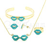 Oro Laminado Earring and Pendant Children Set, Gold Filled Style Lips and Rolo Design, Turquoise Enamel Finish, Golden Finish, 06.65.0101.2