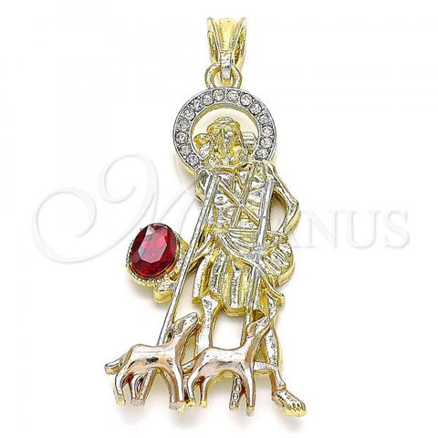 Oro Laminado Religious Pendant, Gold Filled Style San Lazaro Design, with Garnet and White Crystal, Polished, Tricolor, 05.351.0174