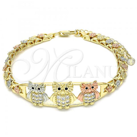 Oro Laminado Fancy Bracelet, Gold Filled Style Owl and Flower Design, with White and Black Micro Pave, Polished, Tricolor, 03.380.0007.07