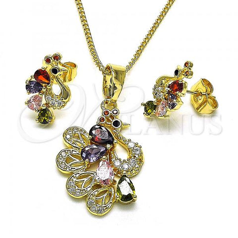 Oro Laminado Earring and Pendant Adult Set, Gold Filled Style Peacock Design, with Multicolor Cubic Zirconia, Polished, Golden Finish, 10.210.0161.1
