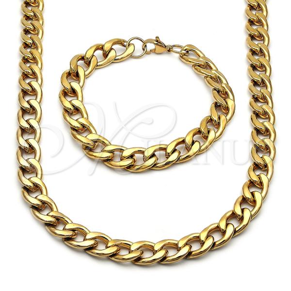 Stainless Steel Necklace and Bracelet, Curb Design, Polished, Golden Finish, 06.257.0003