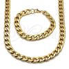 Stainless Steel Necklace and Bracelet, Curb Design, Polished, Golden Finish, 06.257.0003