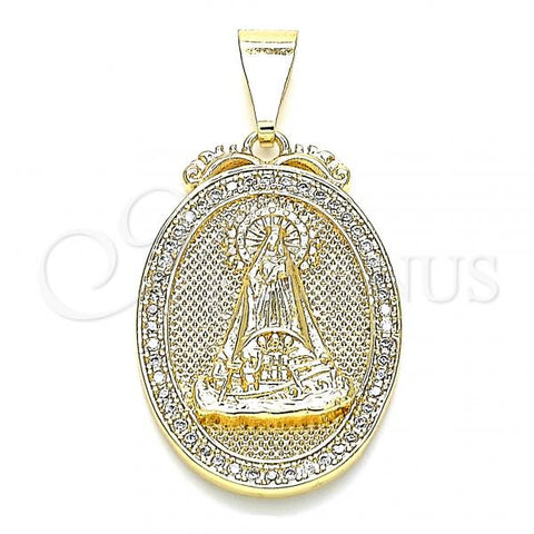 Oro Laminado Religious Pendant, Gold Filled Style Caridad del Cobre Design, with White Cubic Zirconia, Polished, Golden Finish, 05.253.0151