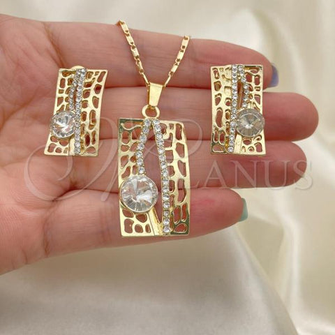 Oro Laminado Earring and Pendant Adult Set, Gold Filled Style with White Crystal, Polished, Golden Finish, 10.306.0012