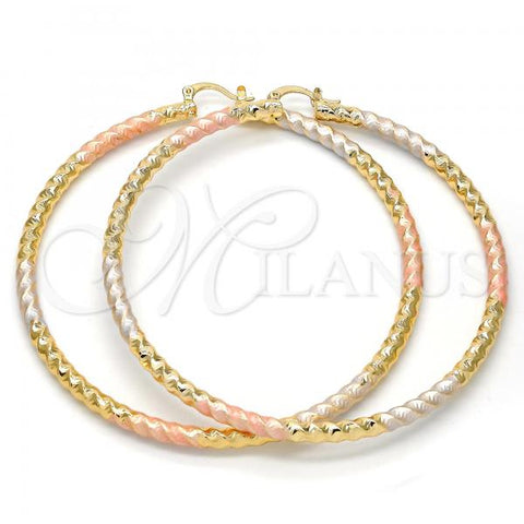Oro Laminado Extra Large Hoop, Gold Filled Style Hollow and Twist Design, Polished, Tricolor, 02.170.0108.1.80