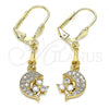 Oro Laminado Long Earring, Gold Filled Style Dolphin Design, with White Cubic Zirconia and White Micro Pave, Polished, Golden Finish, 02.213.0346