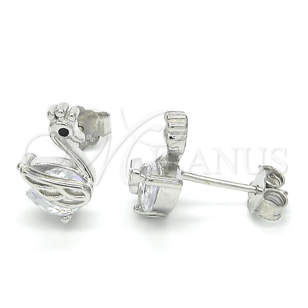 Sterling Silver Stud Earring, Swan Design, with Black and White Cubic Zirconia, Polished, Rhodium Finish, 02.336.0058