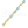 Oro Laminado Fancy Anklet, Gold Filled Style Evil Eye and Hand Design, Turquoise Enamel Finish, Golden Finish, 03.213.0037.4.10