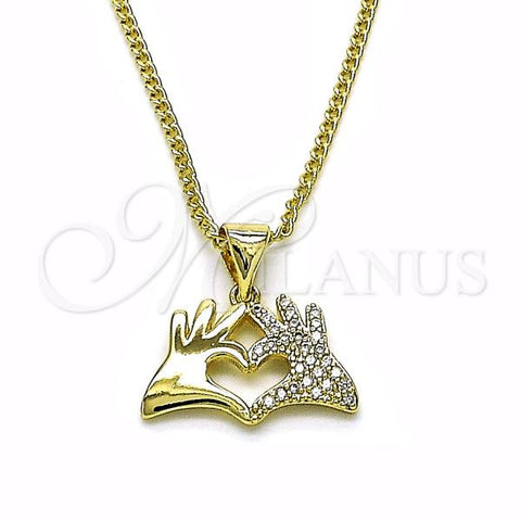 Oro Laminado Pendant Necklace, Gold Filled Style Hand and Heart Design, with White Micro Pave, Polished, Golden Finish, 04.213.0307
