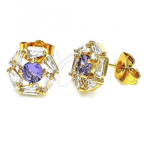 Oro Laminado Stud Earring, Gold Filled Style with Amethyst and White Cubic Zirconia, Polished, Golden Finish, 02.387.0017.3