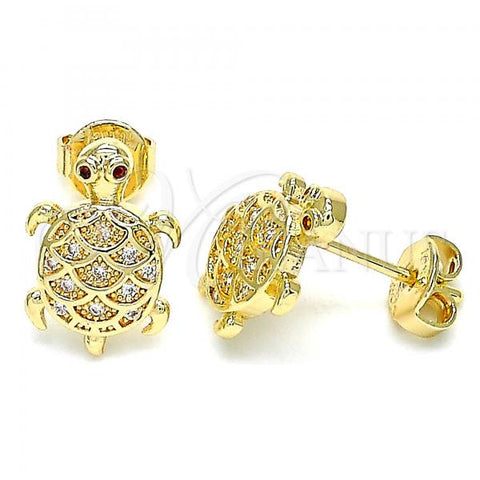 Oro Laminado Stud Earring, Gold Filled Style Turtle Design, with White and Garnet Micro Pave, Polished, Golden Finish, 02.156.0437