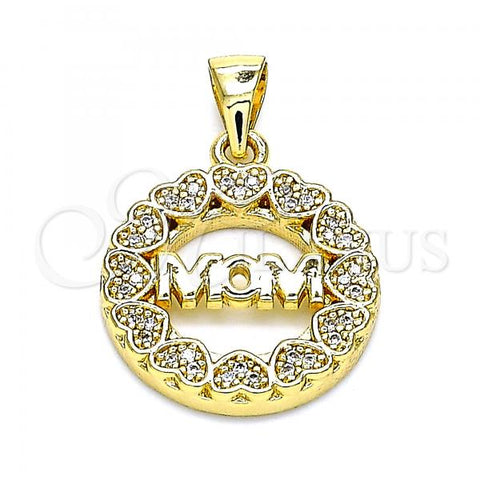 Oro Laminado Fancy Pendant, Gold Filled Style Mom and Heart Design, with White Micro Pave, Polished, Golden Finish, 05.342.0019