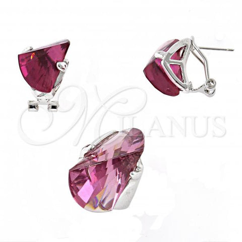 Rhodium Plated Earring and Pendant Adult Set, with Light Rhodolite Cubic Zirconia, Polished, Rhodium Finish, 10.91.0276