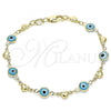 Oro Laminado Fancy Bracelet, Gold Filled Style Evil Eye and Heart Design, Turquoise Resin Finish, Golden Finish, 03.326.0008.3.08