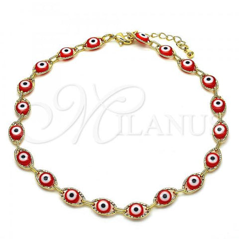 Oro Laminado Fancy Anklet, Gold Filled Style Evil Eye Design, Red Resin Finish, Golden Finish, 04.63.1347.1.10