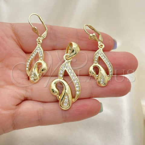 Oro Laminado Earring and Pendant Adult Set, Gold Filled Style Swan Design, with White Crystal, Polished, Golden Finish, 10.160.0047