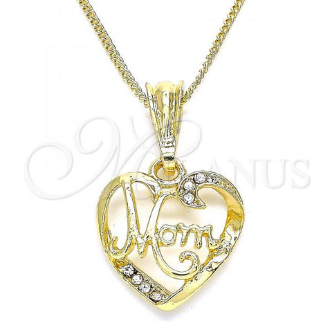 Oro Laminado Pendant Necklace, Gold Filled Style Heart and Mom Design, with White Crystal, Polished, Golden Finish, 04.351.0021.20