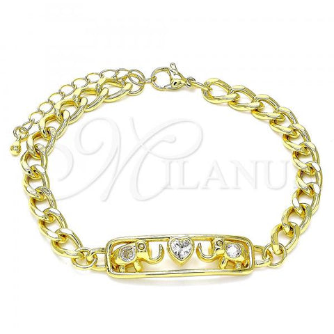 Oro Laminado Fancy Bracelet, Gold Filled Style Elephant and Heart Design, with White Cubic Zirconia, Polished, Golden Finish, 03.368.0062.08