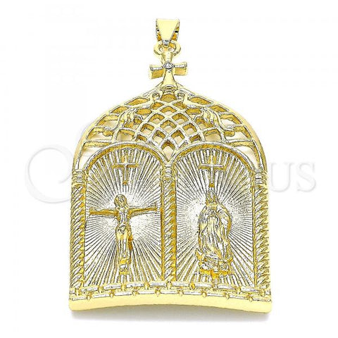 Oro Laminado Fancy Pendant, Gold Filled Style Jesus and Guadalupe Design, with White Crystal, Polished, Golden Finish, 05.213.0126
