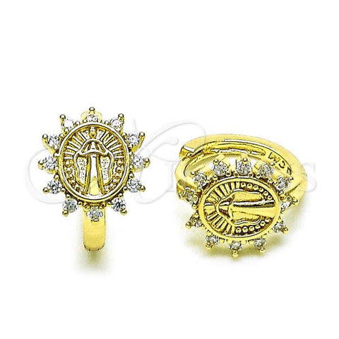 Oro Laminado Huggie Hoop, Gold Filled Style Virgen Maria Design, with White Cubic Zirconia, Polished, Golden Finish, 02.213.0545.15