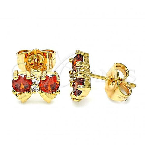 Oro Laminado Stud Earring, Gold Filled Style Bow Design, with Garnet and White Cubic Zirconia, Polished, Golden Finish, 02.387.0030.1